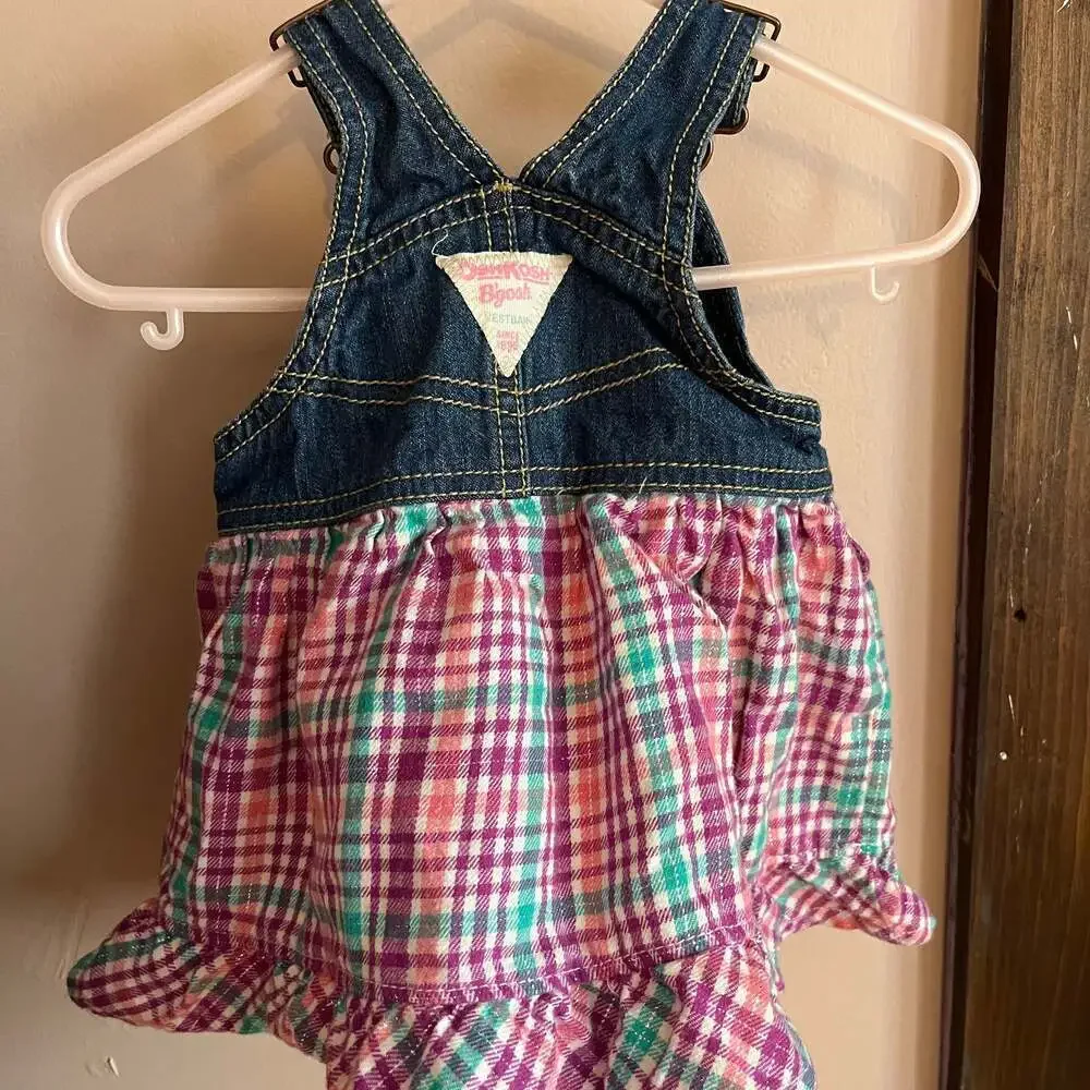 OshKosh B'Gosh Blue Denim Plaid Ruffle Vestbak Jumper Dress and shirt 6 months